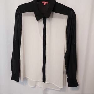 Bongo Sheer Black White Colorblock Long Sleeve Button Up Shirt Blouse Top